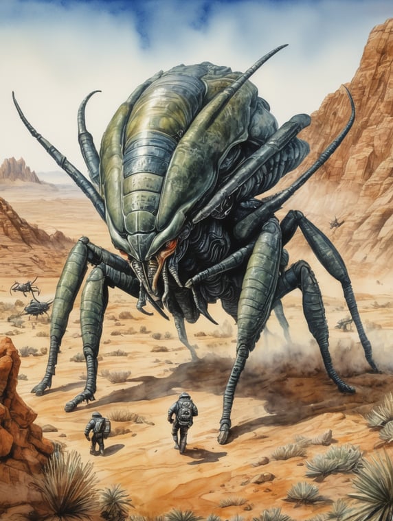 watercolor art, a drawing of a alien organic prehistoric huge horrific insect in style of STARSHIP TROOPERS Bugs Attack cinema and in the style of british topographical prehistoric jadran rocky landscape and desert flora landscape, painted illustrations, grisaille, trompe-l'œil, wimmelbilder, coastal views, characterized animals --ar 5:7 --s 1000