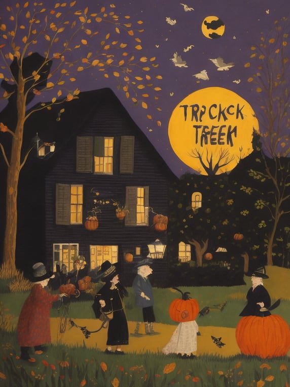 in Folk Art Style, Grandma Moses, Trick or Treat, detailed,