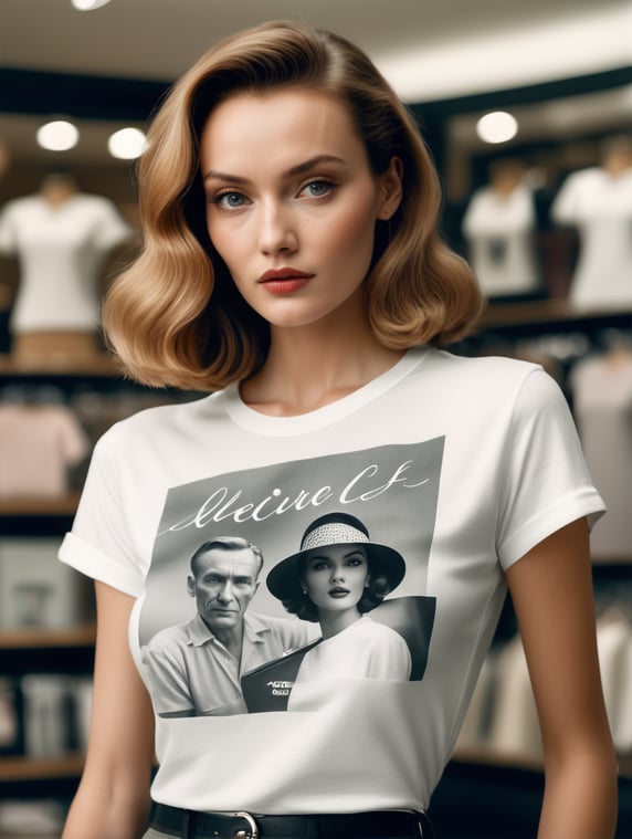 Extremely detailed photographic image, grained image, beautifully composed, monochrome image, 50's fashionable image, fashionable magazine photography, leica summicron 35mm f2.0, kodak 400tx, fashion photography, fashionable model, william s. burroughs, Woman wearing blank white T-Shirt in Clothing Store Mockup, mock up