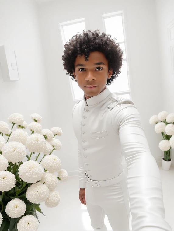 fish-eye, selfie shot of black curly boy in white costume, white room, white furniture, white flowers