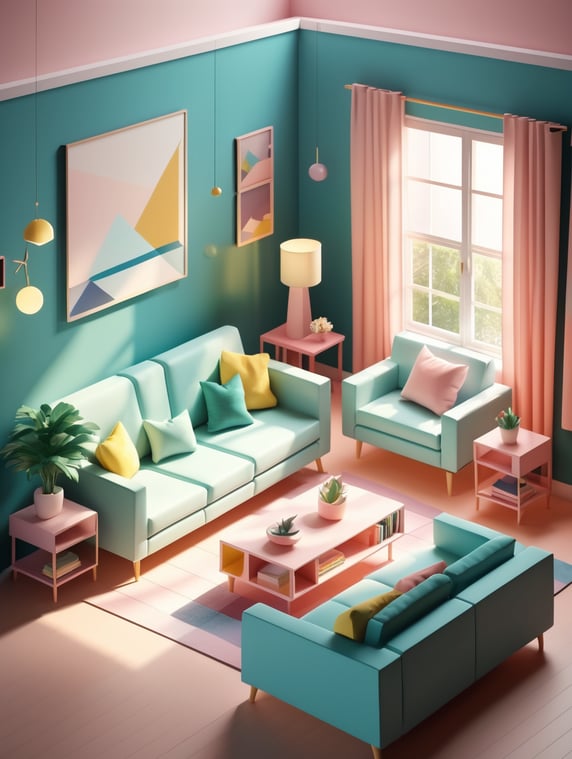 Cube cutout of an isometric living room, isometric 3d render, pastel colors, soft lighting, high detail behance, ray tracing