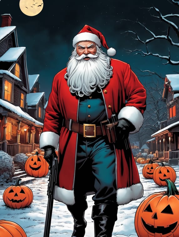 Santa Claus is coming to town, Halloween vibes, shotgun, dark comic book style