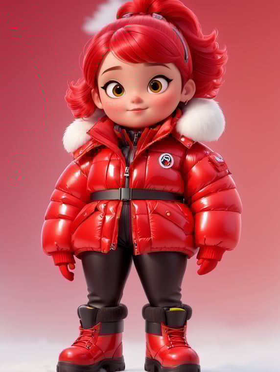 full body girl in a red glossy puffer jacket with bulky belt and massive zipper tab around waist and red glossy down puffer boots
