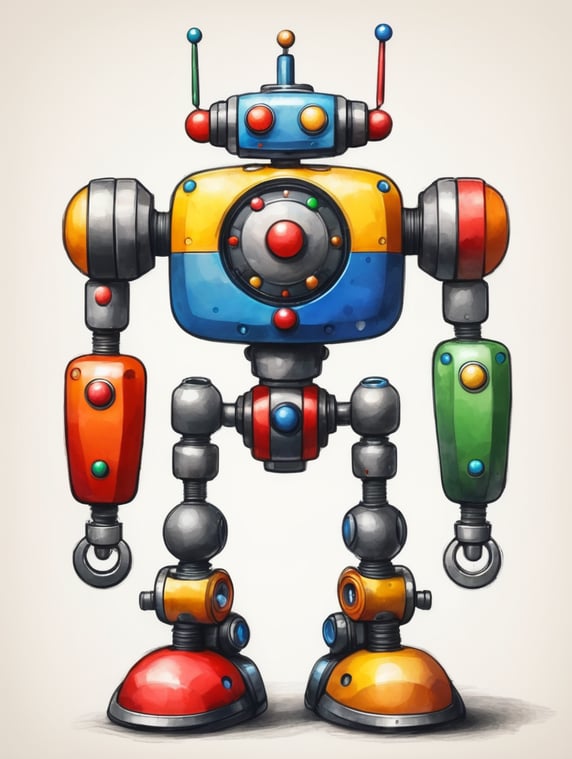 minimalist drawing in the style of a child's sketch. Focus on a single object using only basic shapes and three primary colors. Aim for simplicity and clarity, with exaggerated features typical of a young child's drawing. IT MUST BE pencil drawings that MUST mimic the childish style of a kid in grade 2. Sketch a robot toy with square arms and legs, antennas topped with small balls, and bolts on its joints. Give it a control panel with colorful buttons and dials.