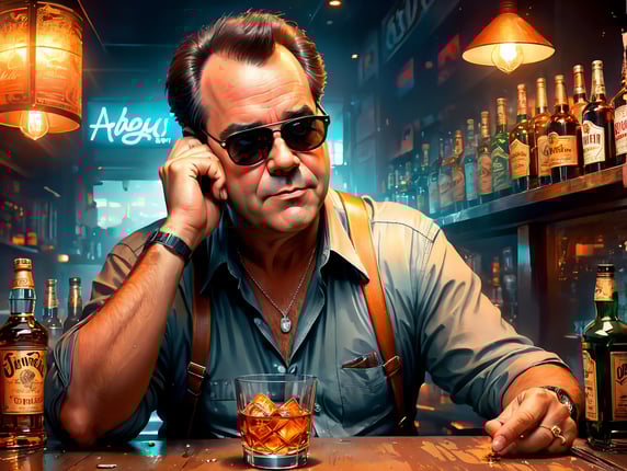 Dan Aykroyd down on his luck in a sleazy bar drinking scotch