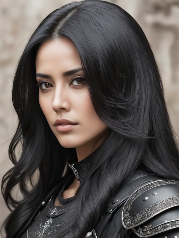 A woman with long, black hair. Beautiful black leather armor.; Une femme aux cheveux noirs, longs. Belle armure noire en cuir.