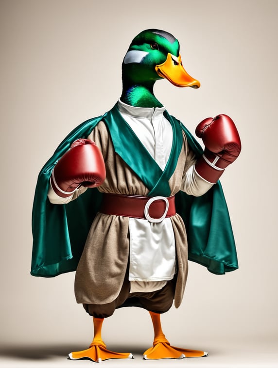 A mallard duck dressed for boxing. Boxing. Fighting.