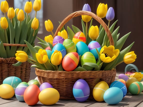 basket with colorful easter eggs and yellow tulips bouquet
