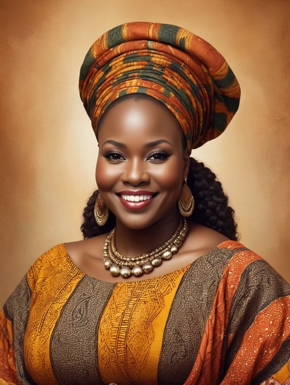 Describe an African dark woman, dressed in African fabrics , full-figured woman with a warm smile, whose ample frame exudes confidence and radiates kindness.