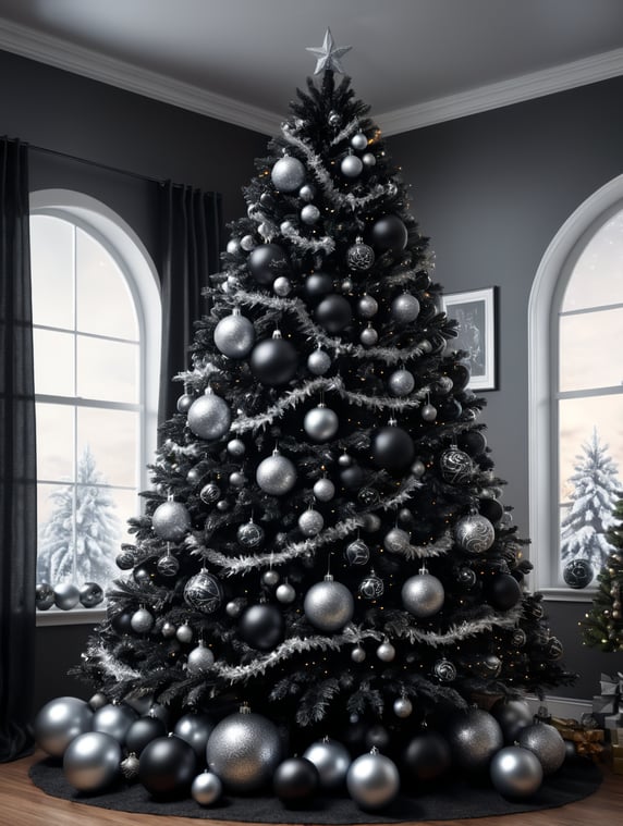 black Christmas tree with silber Christmas balls, 4k, full hd