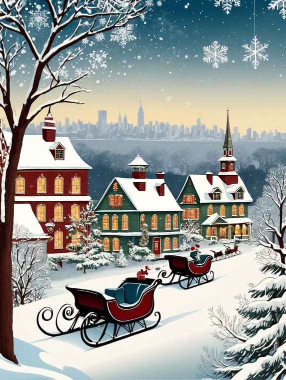 New York vintage Christmas postcard illustration brimming with nostalgic winter scenes, adorned with sleigh bells and delicate snowflakes
