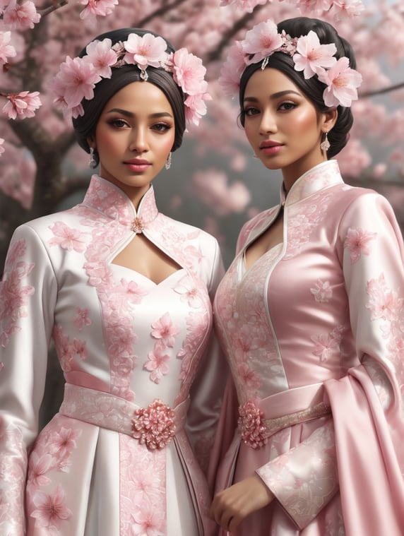 half body photo of two Muslim women dressed like cherry blossom queens, epic details, realistic, raytracing, photorealistic, realistic human photo, ultra realistic, masterpiece; foto setengah badan dua perempuan muslim dengan pakaian seperti ratu bunga sakura, epic details, realistic, raytracing, photorealistic, realistic human photo, ultra realistic, masterpiece