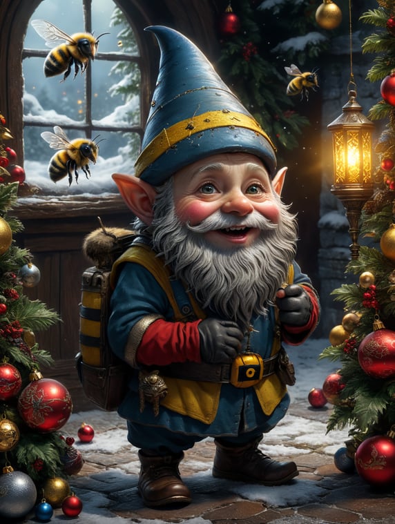 A little gnome meets Christmas with a bee