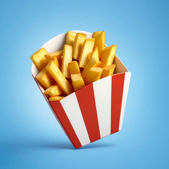 3d fries chips pack icon on white background with sharp edge , clear, isolated, white background, center of the canvas
