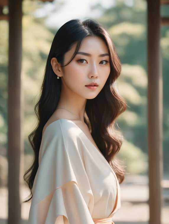 Japan, minimalism, cinematic composition, geometry 25 years old gorgeous goddess of love and beauty, look at camera, matching colors, dynamic movement, shadows, romantic dream, natural tones