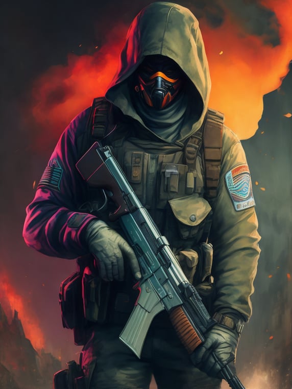 terrorist man with mask from counter strike game with ak-47, ultra realism, super detailed, neon colors, magazine cover, professional shot, magazine photography, bright saturated colors, sharp focus, highly detailed