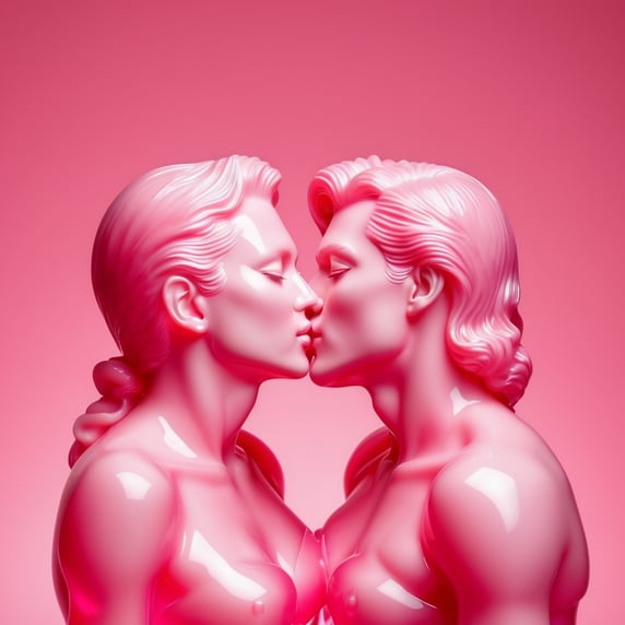 Kiss Art: Two pink translucent wax figures kissing each other, isolated, pink background