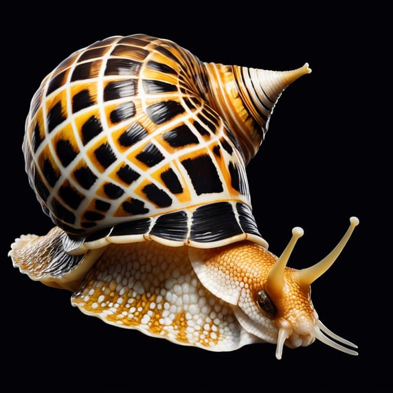 Create a hyper-realistic image of a venomous cone snail (Conus textile) in a dynamic pose, with its body extended as if moving. Use the reference image provided to accurately depict its features, such as its intricately triangles patterned shell with a geometric design in white, yellow, and brown, and its extended siphon and proboscis. The background should be plain black, with no water or any other elements, to emphasize the snail's details. Make sure to match the exact texture and pattern of the Conus textile shell.
