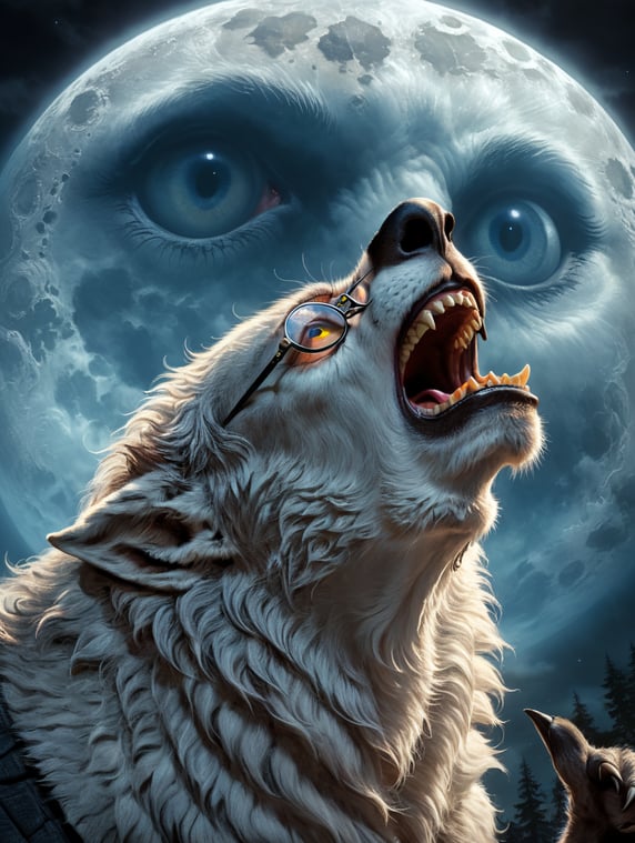 John Lennon from the Beatles with round eye glasses disguised as Werewolf facing up howling at a full moon background.