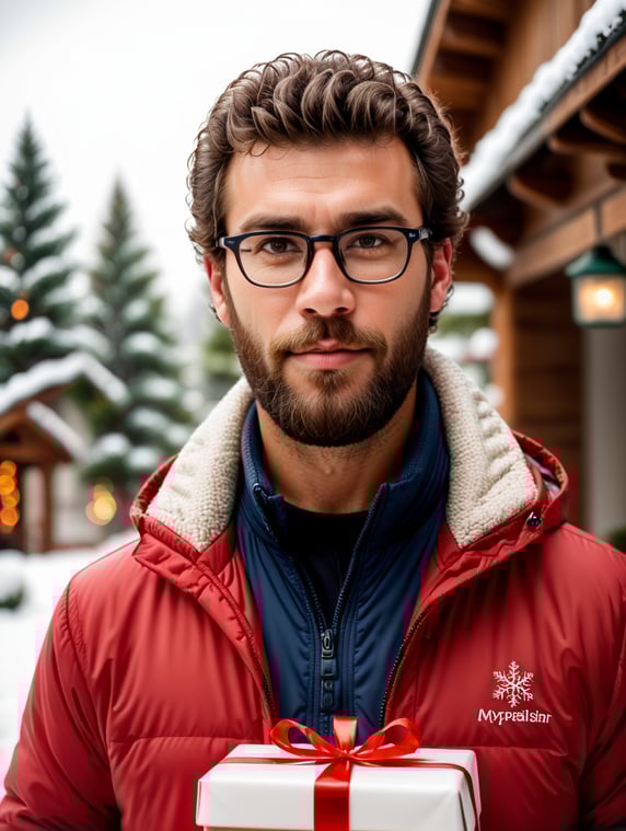 portrait of a bearded curly man wearing red puffer jacket, reeding glasses, stands front camera with gift box his hand, snowy weather, Christmas time, blurry background