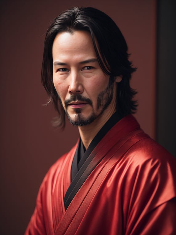Portrait of Keanu Reeves as a samurai in a red kimono, serious look, detailed background in an oriental style, bright saturated colors