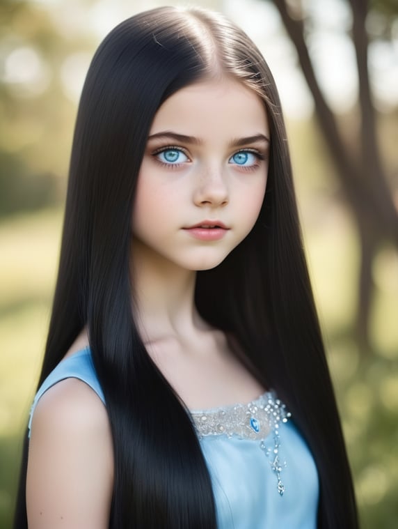 Magical teenager girl with long straight black shining hair, sparkling lightblue eyes, beautiful teenie face, girly, vampire accessories