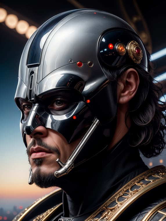Close up portrait photography, of a starwars darkvador king of the universe, an attractive, 80 degree view, art by sergio lopez, natalie shau, james jean and salvador dali