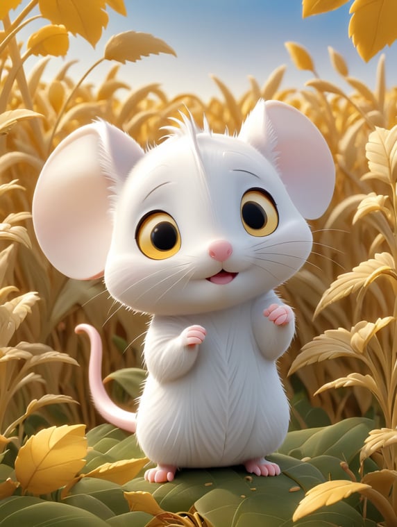 cute white mouse in a beautiful oat field with high and yellow leaves and spikes