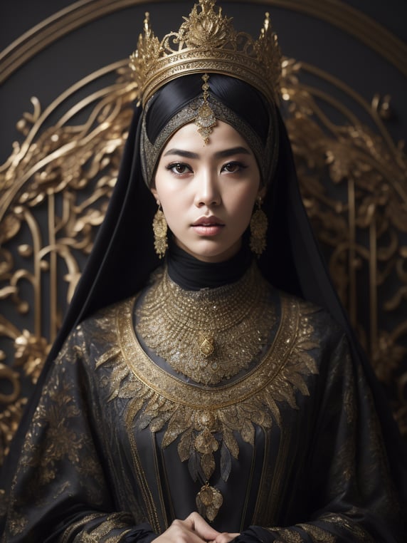 hyper-realistic, ultra-detailed photograph of indonesian girl with arabic fashion black cloak and gold crown with fly bird in the Renaissance ottoman throne kingdom, photo realistic, golden jewelry, shiny, sunlight fractal details, depth of field, HOF, hall of fame, detailed gorgeous face, apocalyptic environment, natural body posture, professional photographer, captured with professional DSLR camera, trending on Artstation, 64k, ultra-detailed, ultra-accurate detailed, bokeh lighting, surrealism