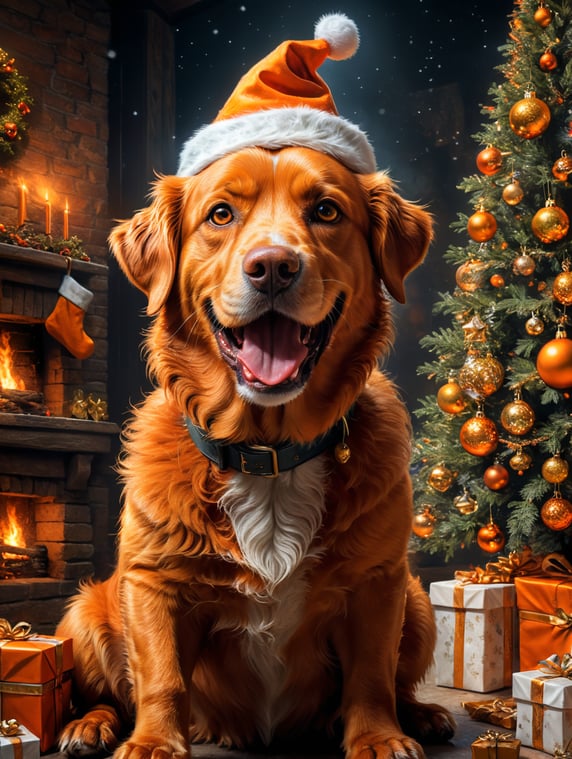 Orange York shire dog saying happy christmass