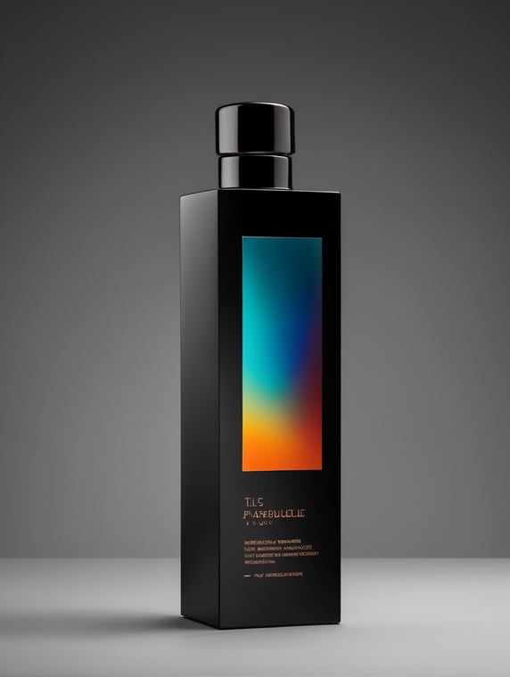 Tall minimalist glass bottle design with vibrant colors for a luxury matte black perfume with a conical shape and a handcrafted hammered copper worn look cap. With a minimalist label of legal aspects.; Diseño de botella minimalista alta de cristal con colores vibrantes para un perfume de lujo color negro mate con una forma cónica y con una tapa con aspecto artesanal de cobre martillado desgastado. Con una etiqueta minimalista de aspectos legales.
