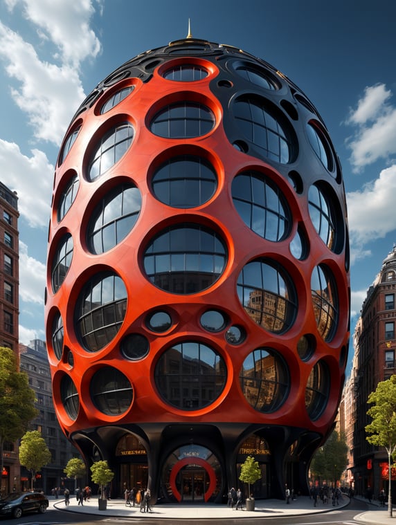 the craziest, bentwood, far view lens architectural modern style hyper realistic hyper detailed neocosmic exterior architecture design of a wasp Fluid complex facade, geometric shapes spectrum, black::1 red:3, Antoine Blanchard architecture art style, in new York city, dramatic ambient, natural lighting