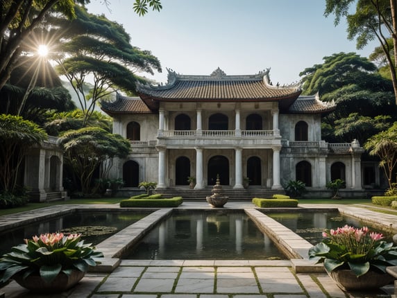 Vietnam, home at back of hill, marble house, stone house, south garden, lotus lake