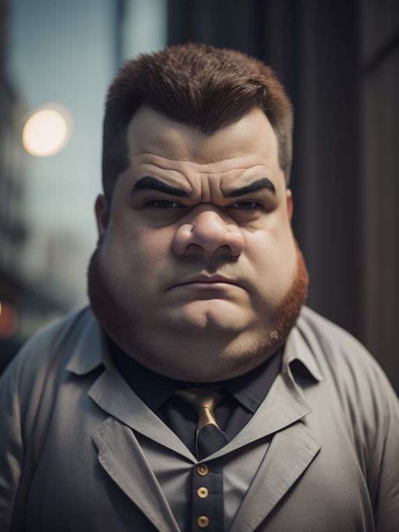 Fox, Simpsons style, width line, criminal, blood, fog, tattoo on face, cartoon, fat man, barroco, suit