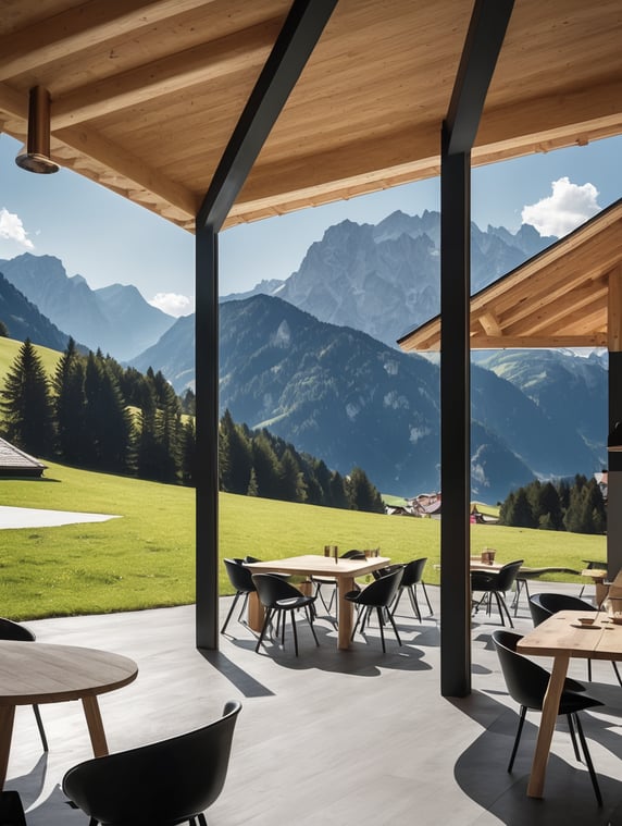 Mountain Austrian chalet, modern, Tyrol, cows, poster style