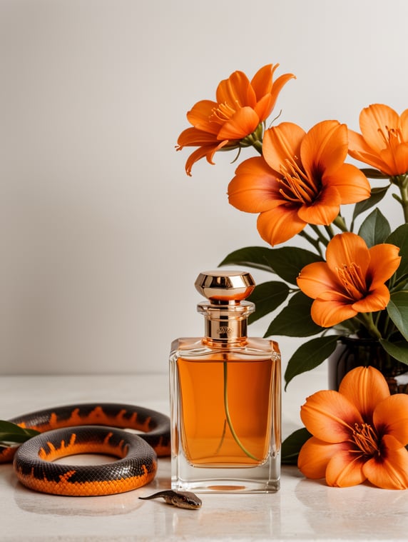 orange flowers, Minimalist perfume bottle, snake next to bottle