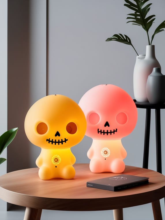 A minimalist silicone lamp lit for a children's room in the shape of a happy sugar skull inspired by the triadic ballet of the Bauhaus and Tim Burton.; Una lámpara minimalista de silicona prendida para una habitación de niños con forma de calaverita feliz de azúcar inspirada en el ballet triadico de la Bauhaus y tim burton.