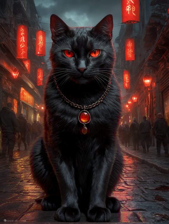 black cat, mean face, red lights, city of patras