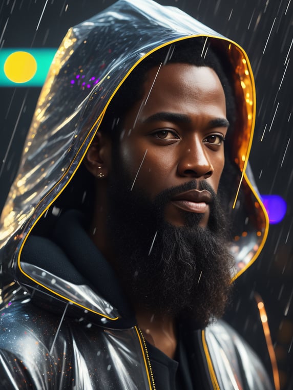 a black man with a long beard wearing ((transparent raincoat)), under the rain, ultra realistic, neon lights