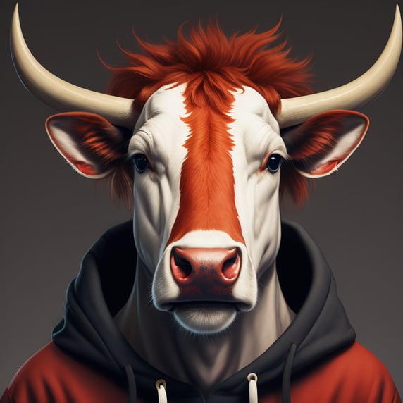 cow, portrait, hoodie, red mohawk, vintage, photorealistic illustration, vector, flat, white background, milk