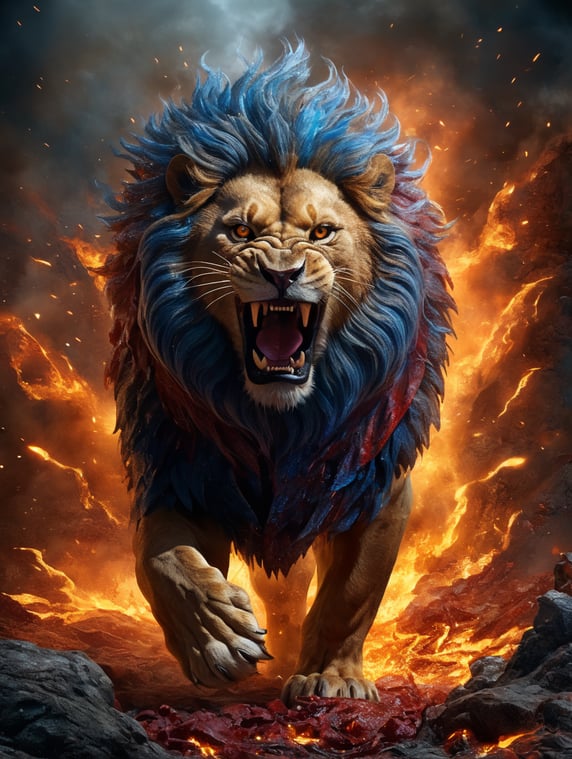 realistic pro photography fierce snarling lion in maroon, blue and gold surrounded by flying embers and firestorm
