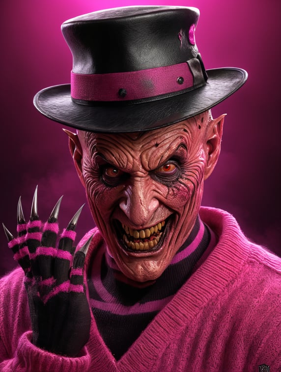 Freddy Krueger all pink, barbiercore, metal claws, pink sweater with black stripes, black hat, evil smile, Halloween, Vivid saturated colors, Contrast color