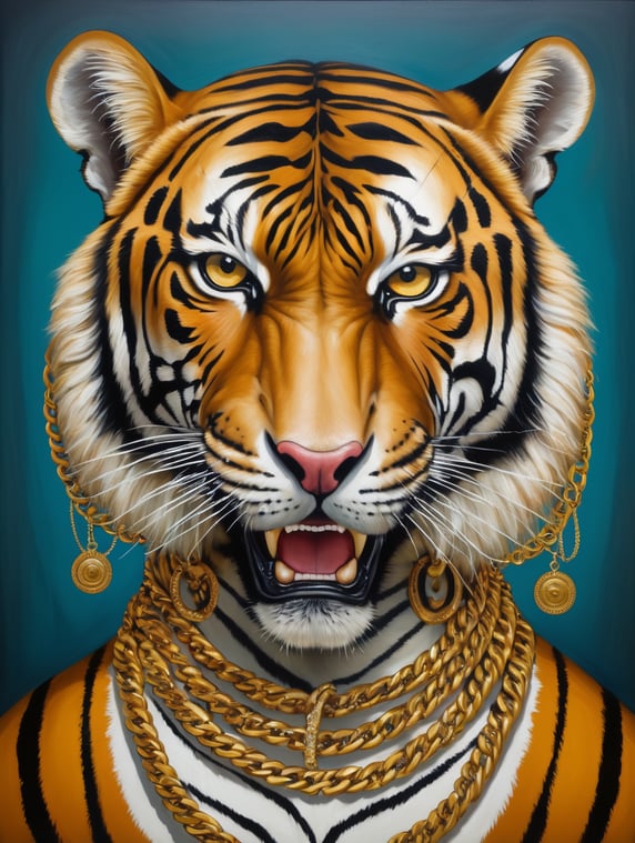 a angry tiger with a gold chain on neck, style of Catherine Nolin, Painting, Acrylic, Oil, Portrait, Interior, USA