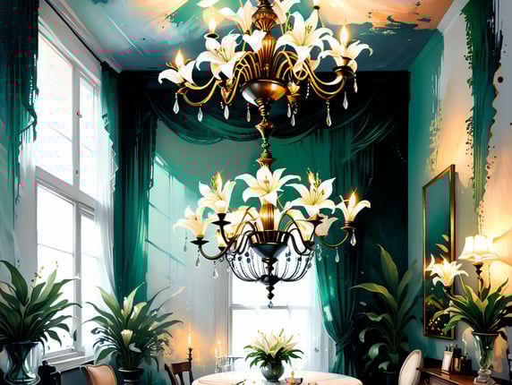 Large vintage chandelier. Mirrors. Bouquet of white lilies. Greenery; Люстра винтаж большая. Зеркала. Букет лилий белых. Зелень