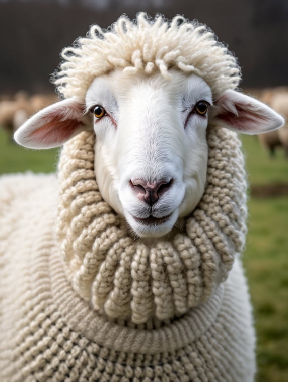 a white sheep wearing very hirsute crocheted sweaters for sheeple, portrait
