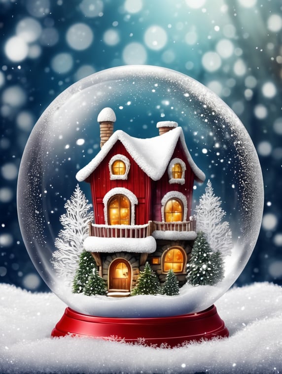 Christmas transparent ball with falling snow and fairy house