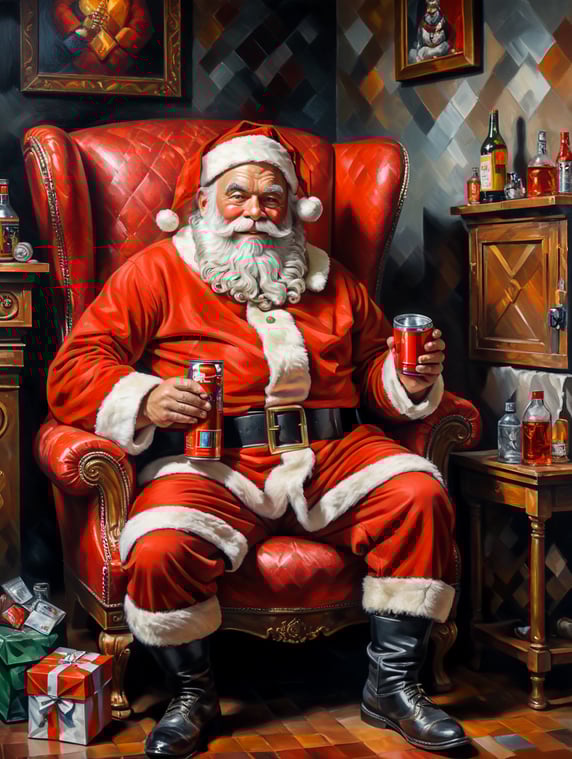 santa claus sitting on his red armchair, holding lubricant can in his lap, oil painting, imitating picasso cubism style