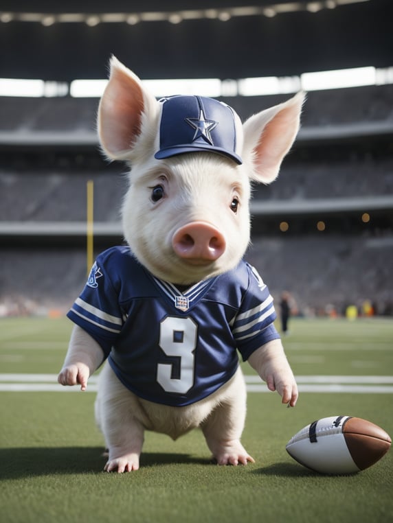 baby pig wearing the Dallas cowboys uniform and helmet, in an American football stadium. Photographic style