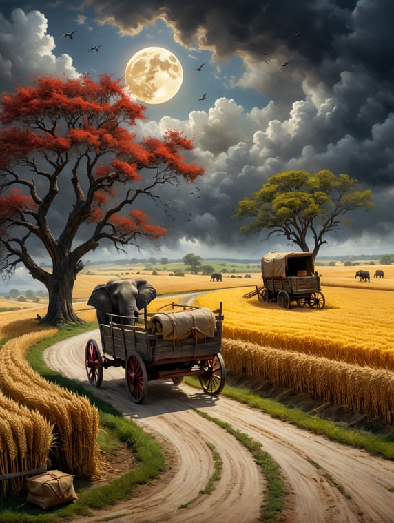 A hurricane wind along the road going into the distance bends brown trees growing in a field of wheat, along the road a elephant carries an old wooden cart with gray bags of grain on which red birds sit, crows and yellow doves fly in the cloudy sky, the moon is shining, the sun is rising, illuminating the field with rays, impressionism, impasto, fantasy,