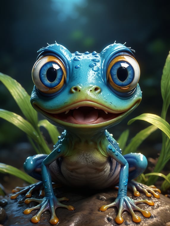stylized cartoon skinny frog two eyes with blue flag , full size, sculpt cartoon style stylized zbrush render
